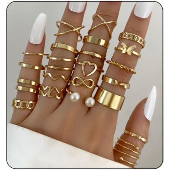 22-Piece Vintage Knuckle Ring Set - Adjustable Butterfly, Pearl & Heart Designs - Picture 1 of 4
